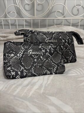 Guess Snake-Print Cosmetic Pouch Set in Black White and Grey